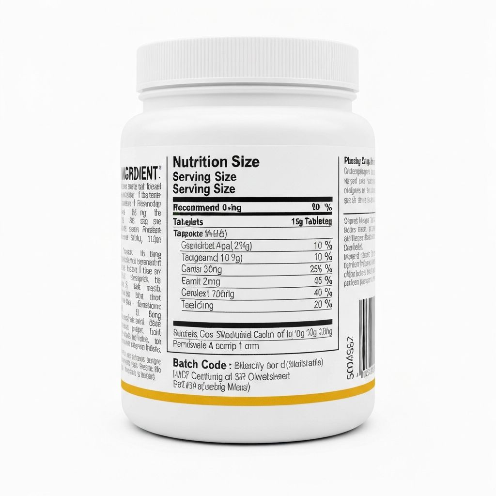 Nutrition label on supplement container showing ingredients and instructions